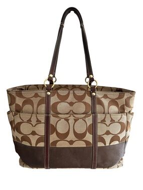 COACH Signature Canvas Tote Brown Leather Trim Large Work Tote Diaper Bag C0771